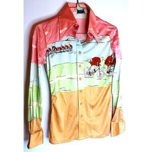 Vintage 70s Huk-A-Poo Bicycle Print Disco Shirt Dagger Collar READ